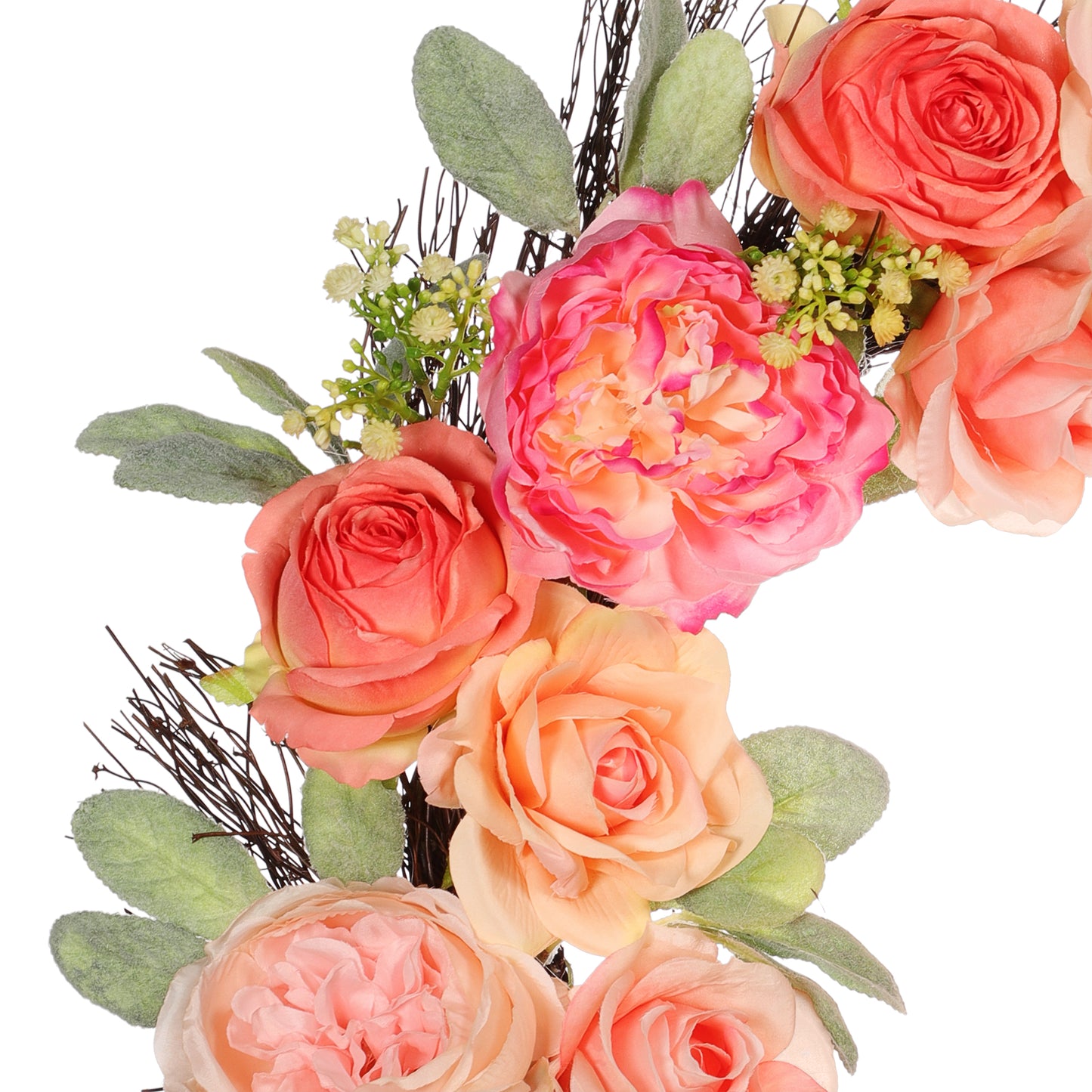 24" Artificial Peony,Rose Floral Spring Wreath With Green Leaves
