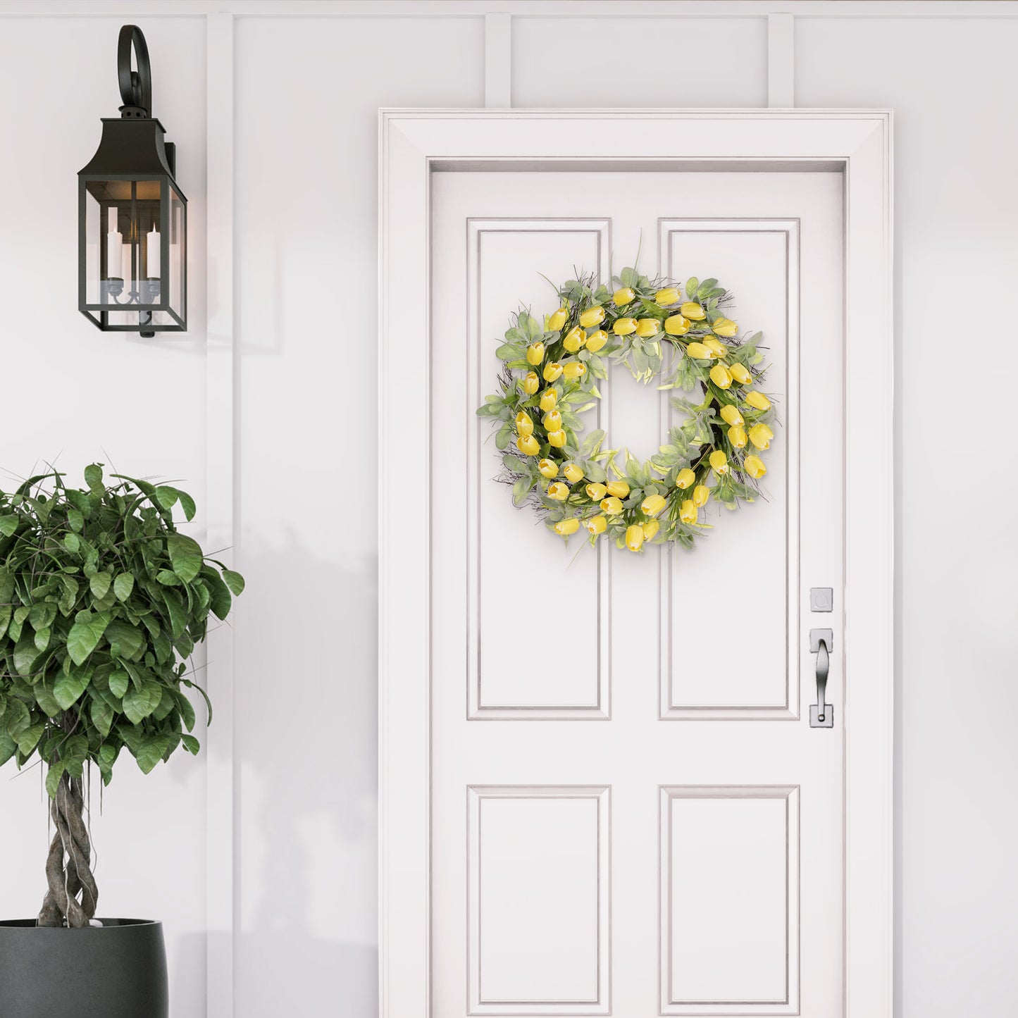 30" Artificial Tulip Floral Spring Wreath With Green Leaves