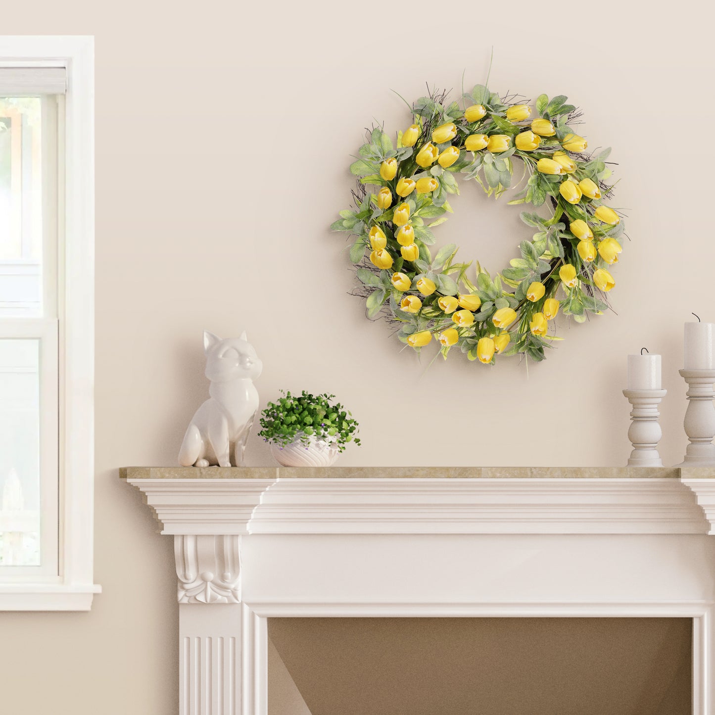 30" Artificial Tulip Floral Spring Wreath With Green Leaves