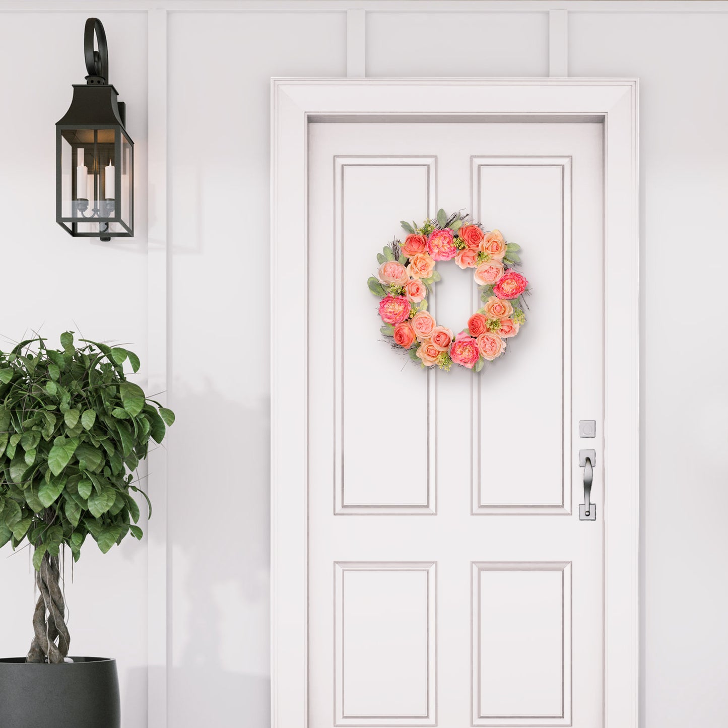 24" Artificial Peony,Rose Floral Spring Wreath With Green Leaves