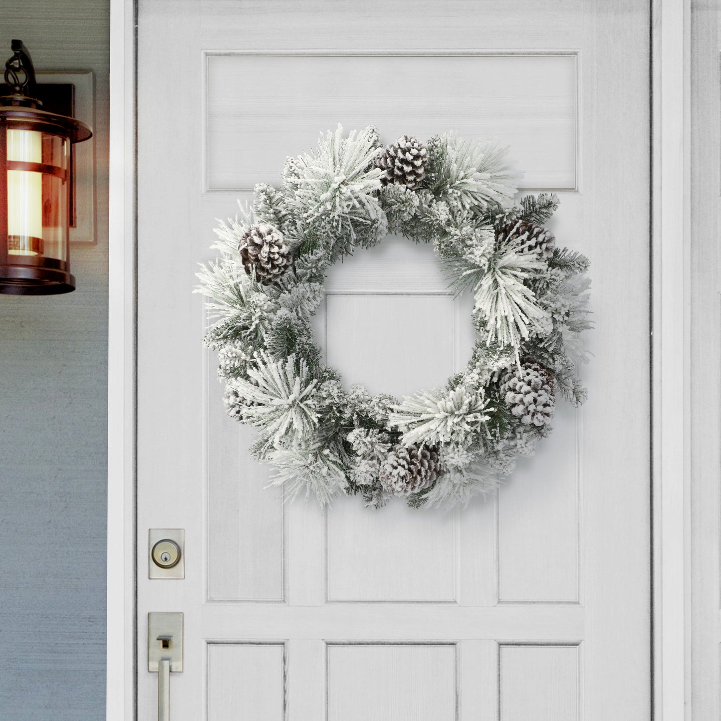 24 in Flocked Berkshire Spruce Wreath 56 Tips Pine Cones
