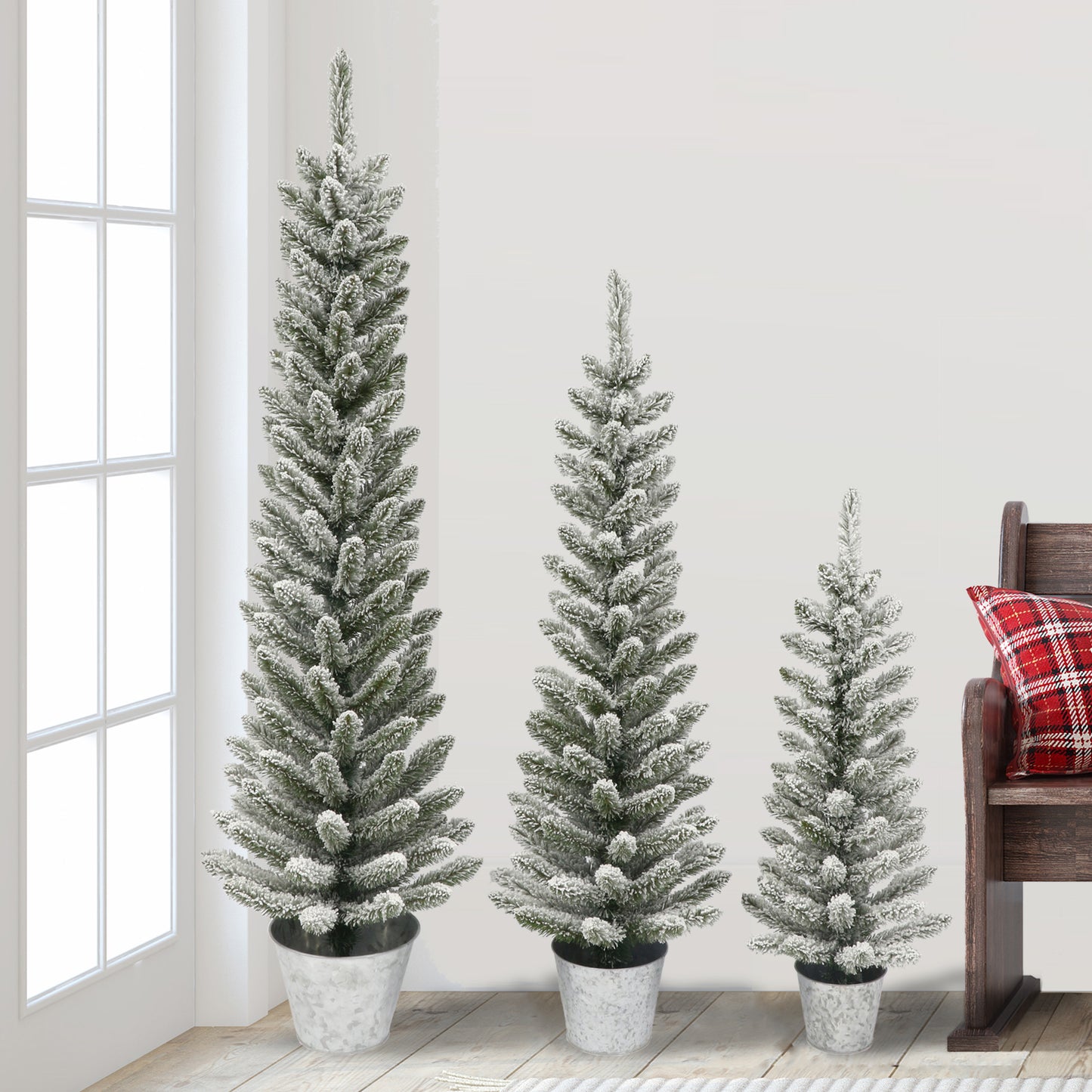 Potted Flocked Pencil Trees in 3ft, 4ft & 5ft sizes, 322 Tips, Galvanized Pots