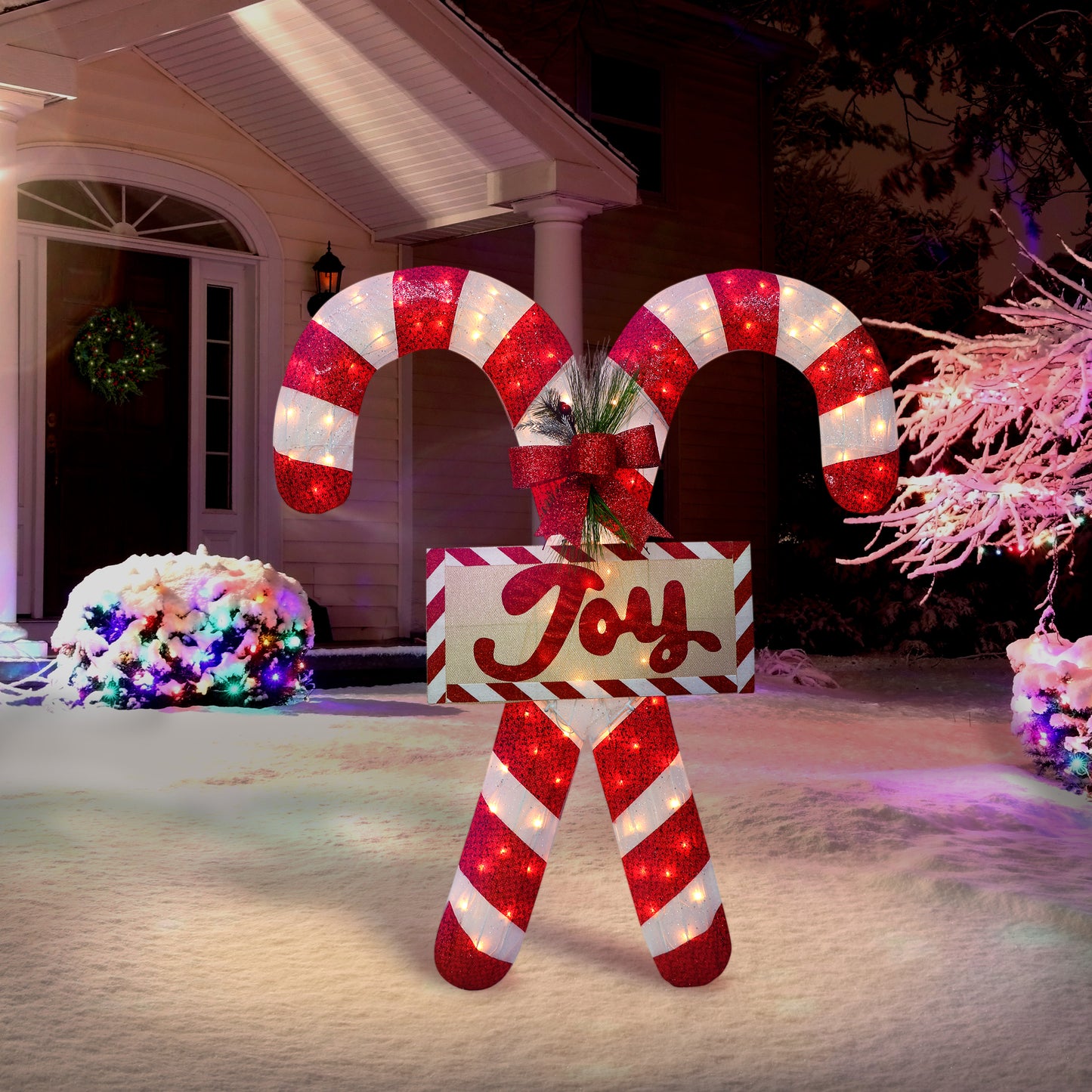 52 in Lighted Outdoor Fabric Mesh Candy Cane Pair 100 UL Clear Lights Metal Stand