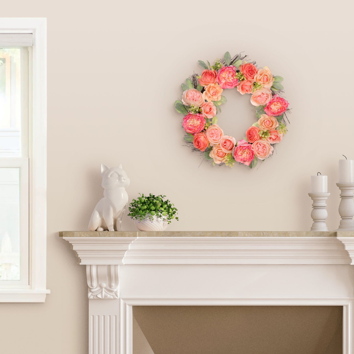 24" Artificial Peony,Rose Floral Spring Wreath With Green Leaves