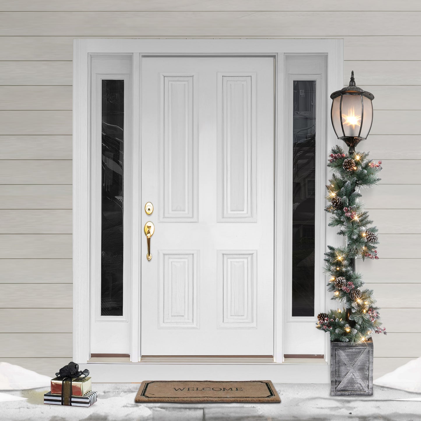 7' Lamp Post with Decorated Garland and 50 Warm White LED Lights