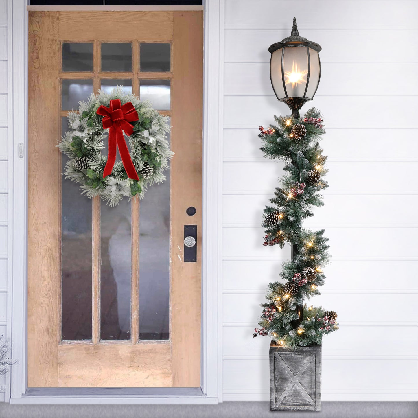 7' Lamp Post with Decorated Garland and 50 Warm White LED Lights