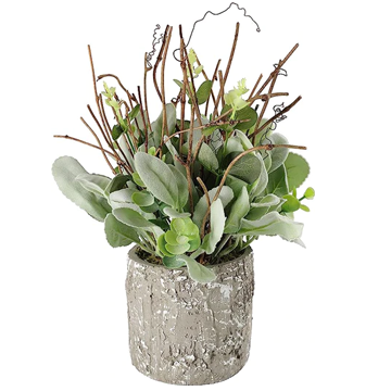 11" Lambs Ear Potted Plant With Twig & Greenery Leaves 