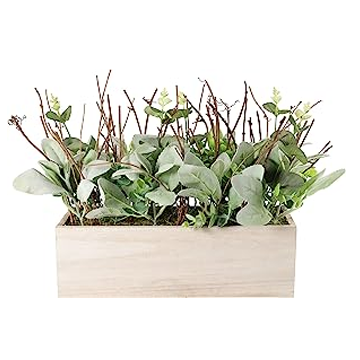 11" Lambs Ear Centerpiece with Twigs & Greenery Leaves in Wood Planter