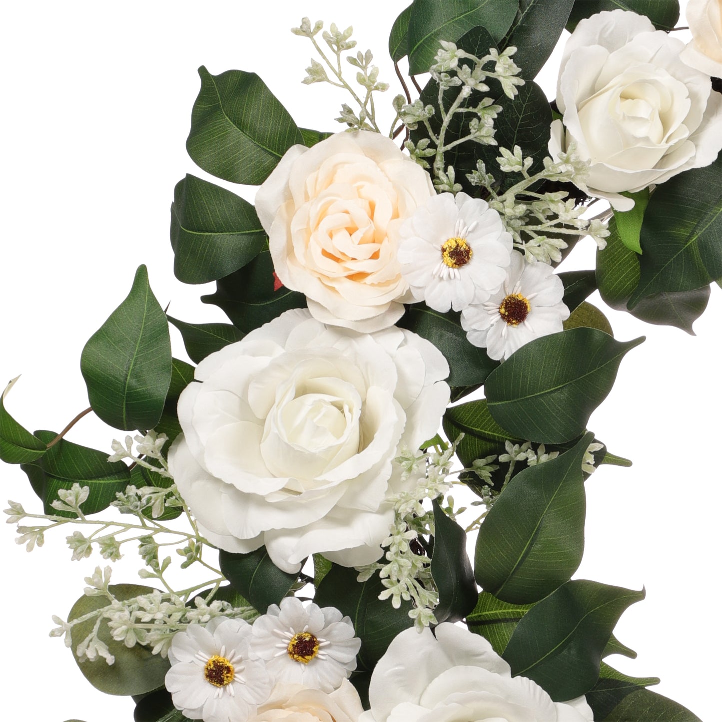 24" Artificial Rose,Camellia,babysbreath Floral Spring Wreath With Green Leaves
