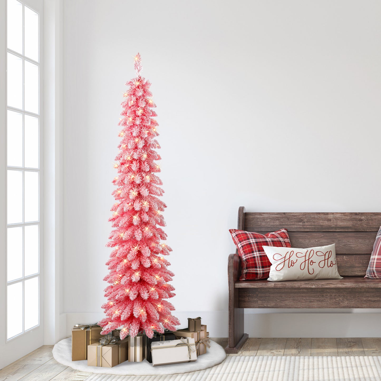 6 ft Pre-Lit Flocked Pink Artificial Alpine Pencil Tree