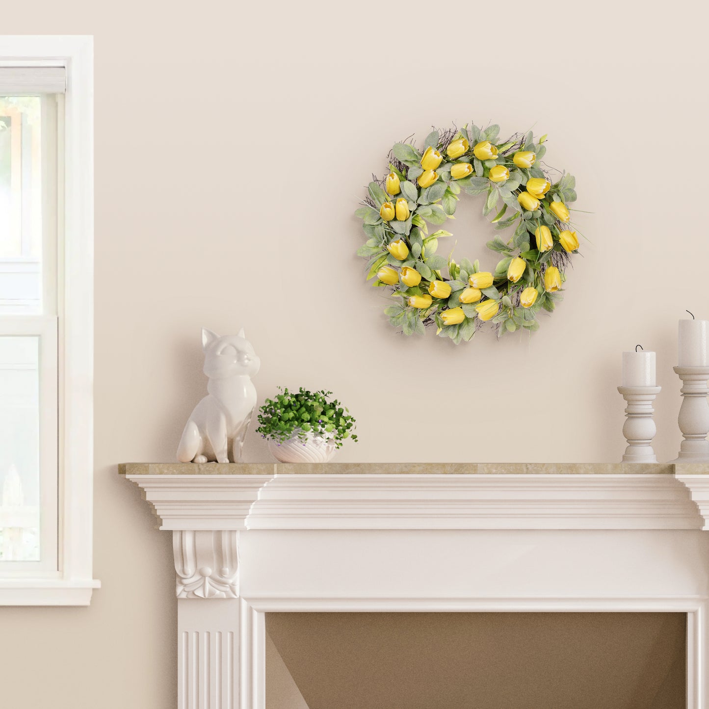 24" Artificial Tulip Floral Spring Wreath With Green Leaves