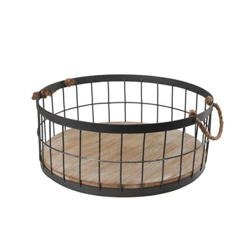Set of 2 Wire Baskets with Wooded Base and Handles