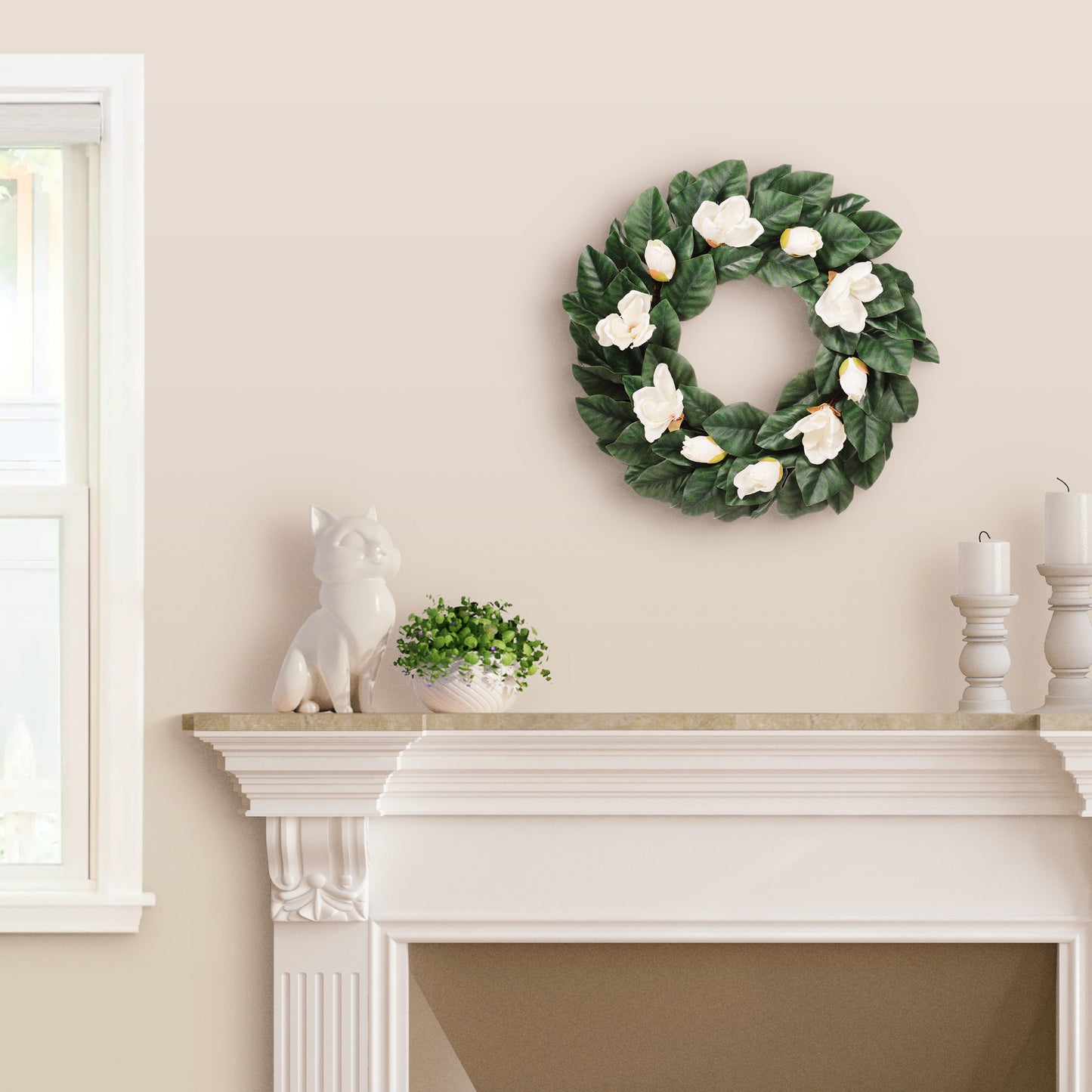 24" Artificial Magnolia Floral Spring Wreath With Green Leaves