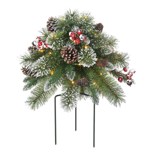 18" Snowy Urn Filler, 48 Tips, 35 B/O Warm White LED Lights (3 x AA batteries not included), On/Off Timer Function, Pine Cones & Berries