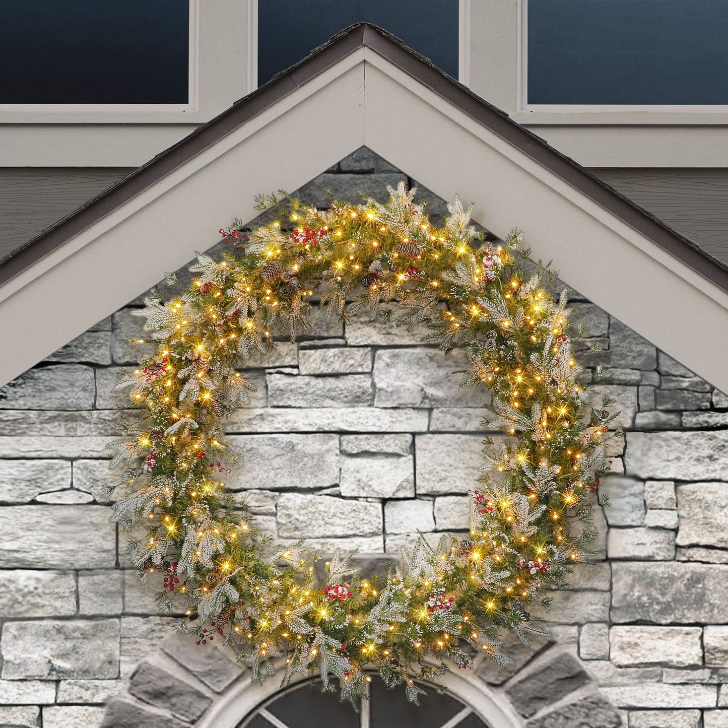 60 in Pre-Lit Glittery PE/PVC Wreath, 700 Tips, Pine Cones, Berries, 300 UL Clear Lights