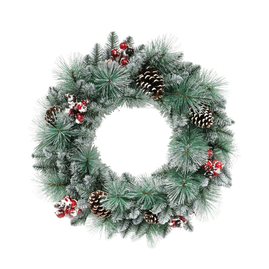 24 in Sterling Spruce Wreath with White Frosted Branch Tips and Sliver Glitter Accents Pinecones and Red Berries Indoor/Outdoor Use Blue/Green