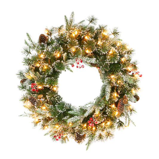 32" Pre-lit Glittery PE/PVC Wreath, 320 Tips, Pine Cones, Berries, 70 UL Clear Lights