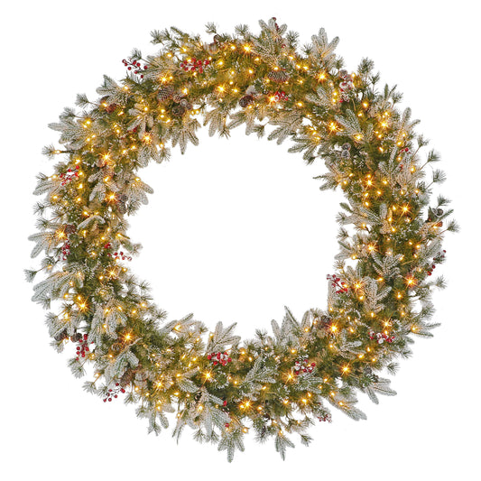 60 in Pre-Lit Glittery PE/PVC Wreath, 700 Tips, Pine Cones, Berries, 300 UL Clear Lights