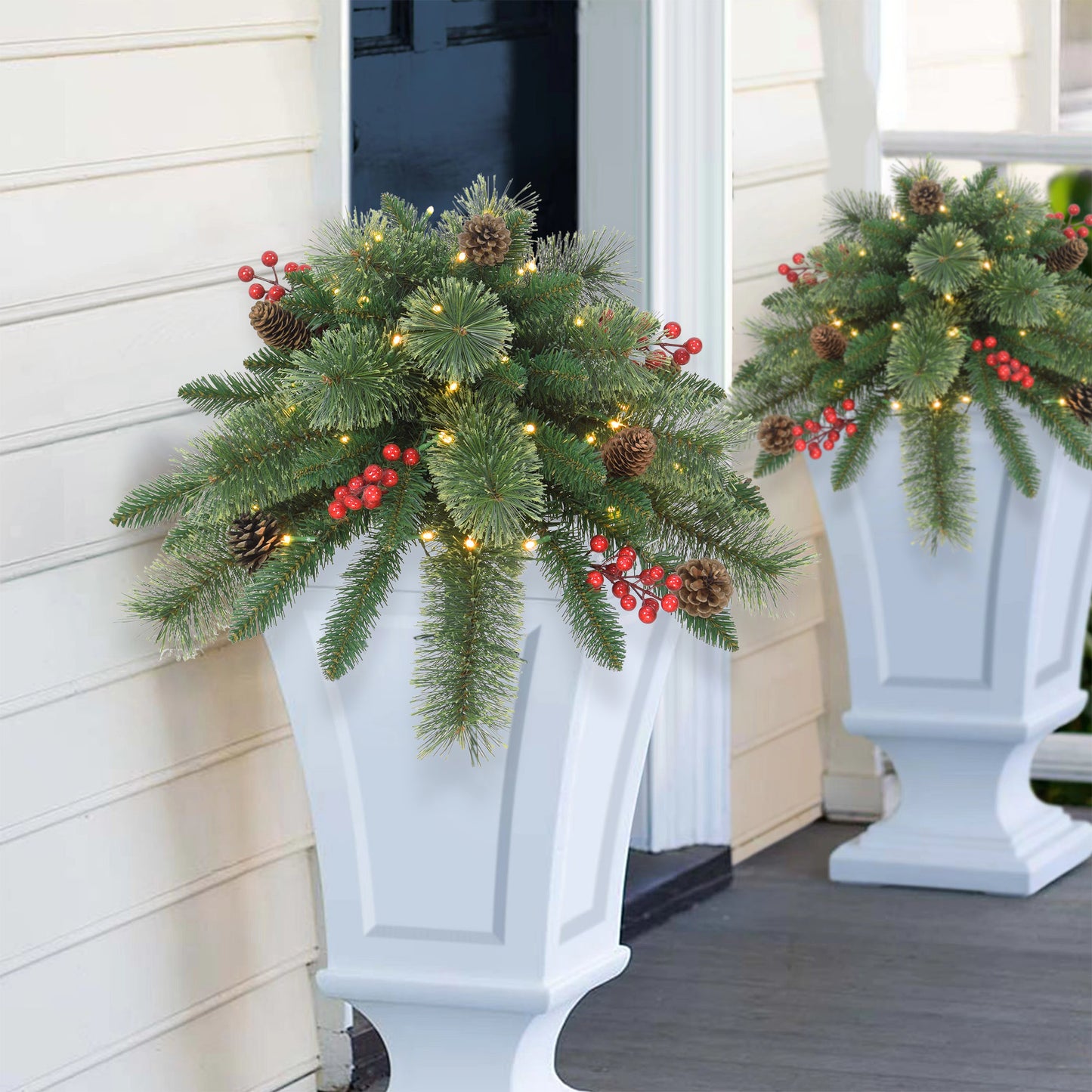 18" Cashmere Branch Urn Filler, 55 Tips, 35 B/O Warm White LED Light (3 x AA batteries not included), On/Off Timer Function, Pine Cones & Berries