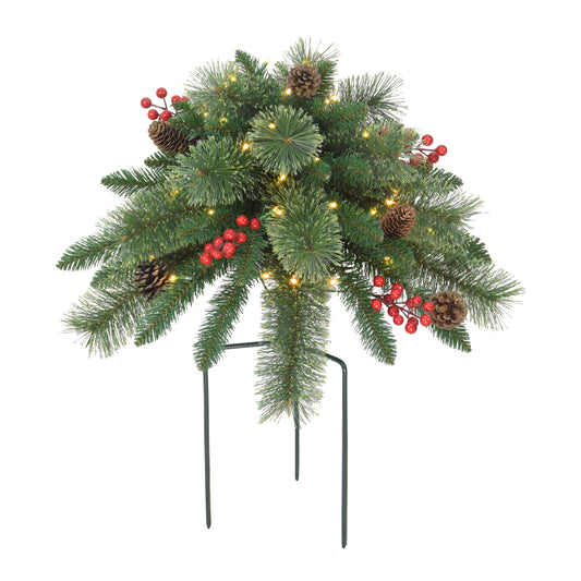 18" Cashmere Branch Urn Filler, 55 Tips, 35 B/O Warm White LED Light (3 x AA batteries not included), On/Off Timer Function, Pine Cones & Berries