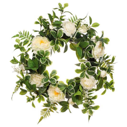 24" Artificial Camellia,Peony Floral Spring Wreath With Green Leaves