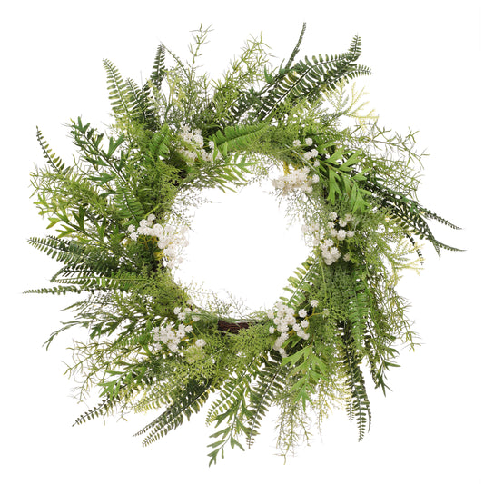 24" Artificial Babysbreath Floral Spring Wreath With Green Leaves