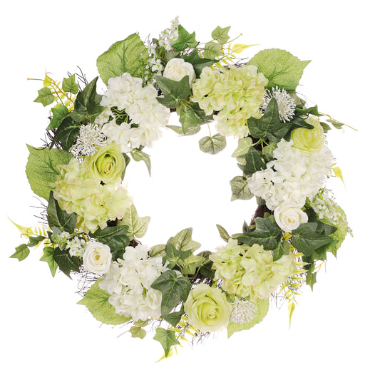 24" Artificial Hygrangea,Rose Floral Spring Wreath With Green Leaves