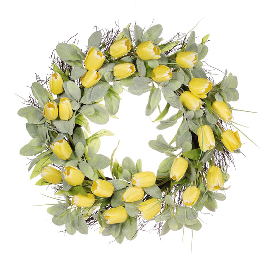 24" Artificial Tulip Floral Spring Wreath With Green Leaves