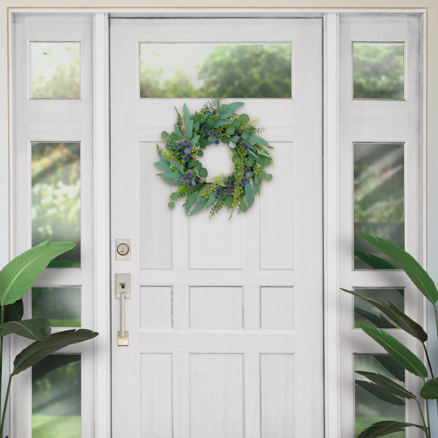 Puleo International 24" Artificial Echinops Floral Spring Door Wreath, Green/Purple