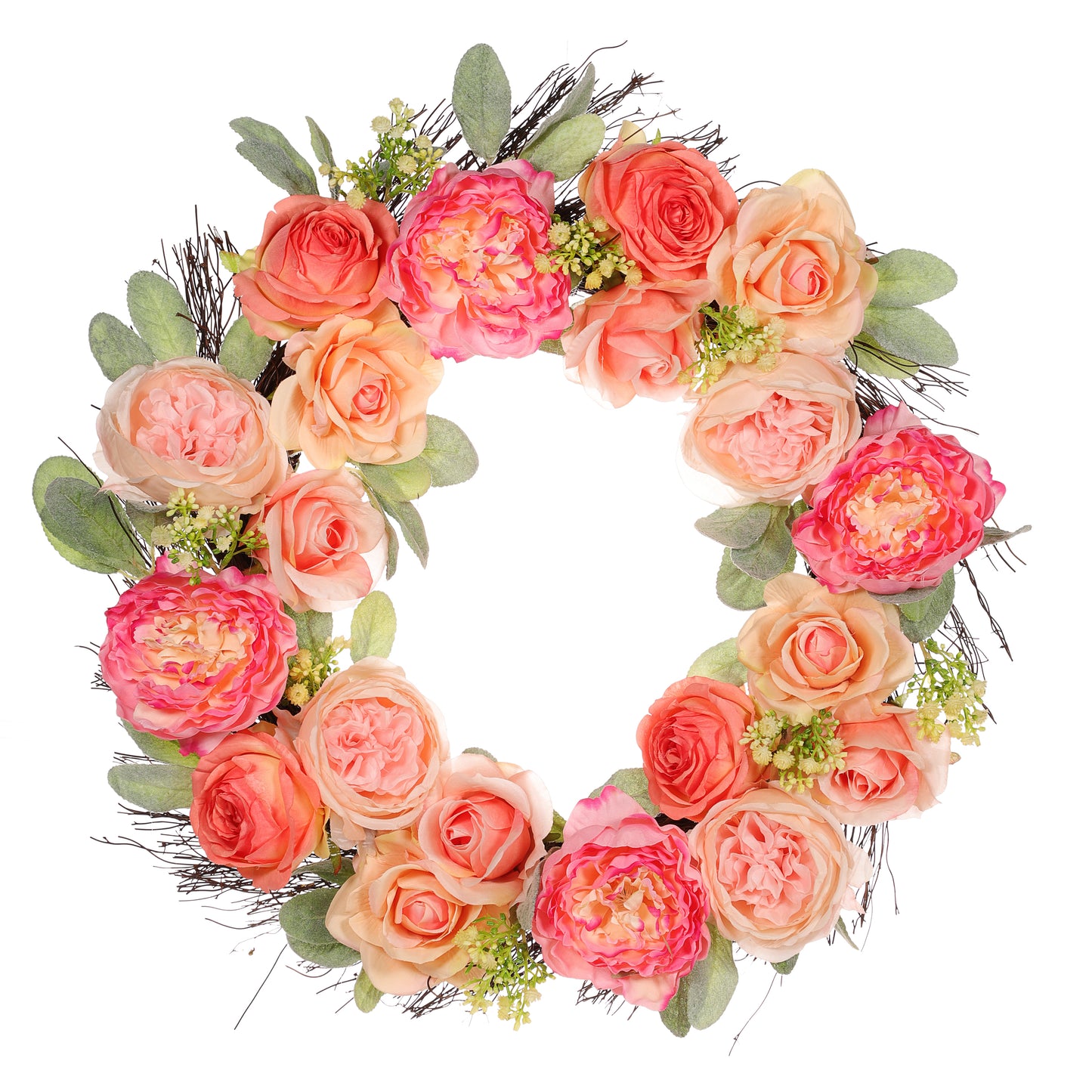 24" Artificial Peony,Rose Floral Spring Wreath With Green Leaves