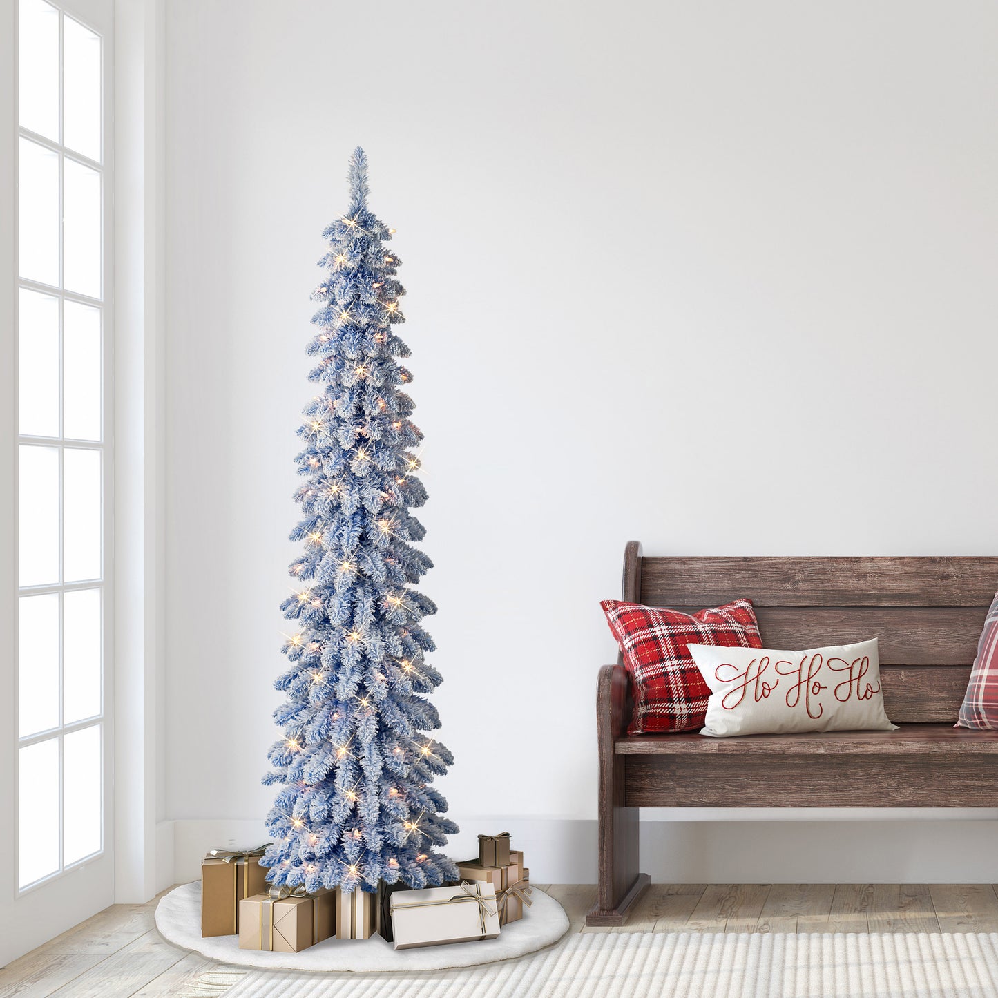 6 ft Pre-Lit Flocked Blue Artificial Alpine Pencil Tree