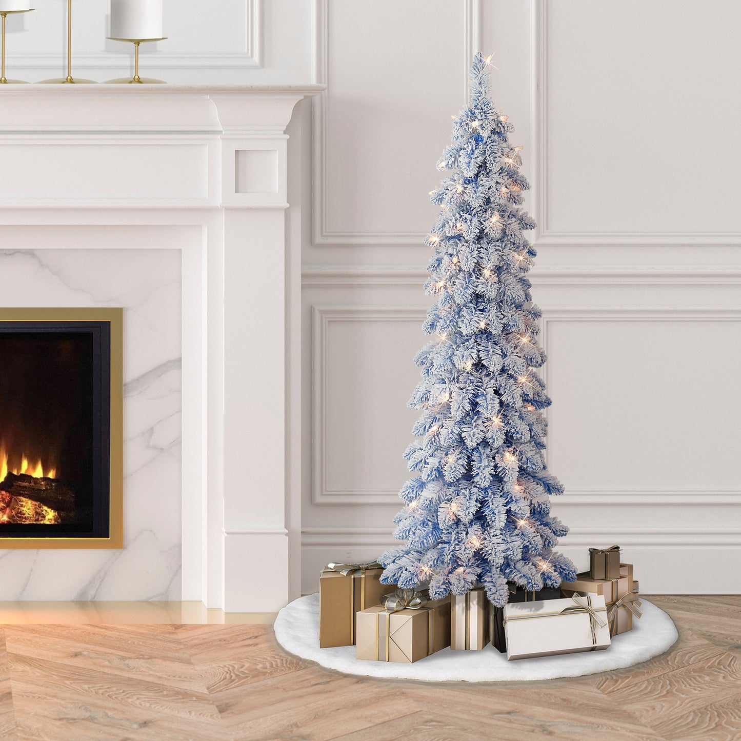 4 ft Pre-Lit Flocked Blue Artificial Alpine Pencil Tree