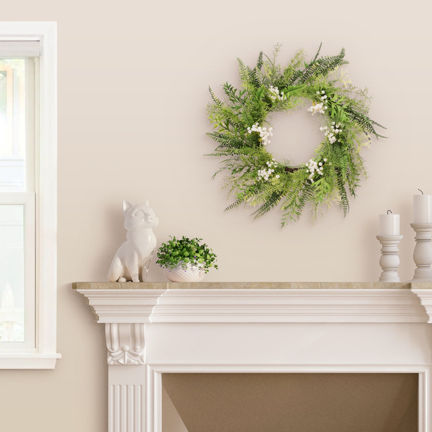 24" Artificial Babysbreath Floral Spring Wreath With Green Leaves