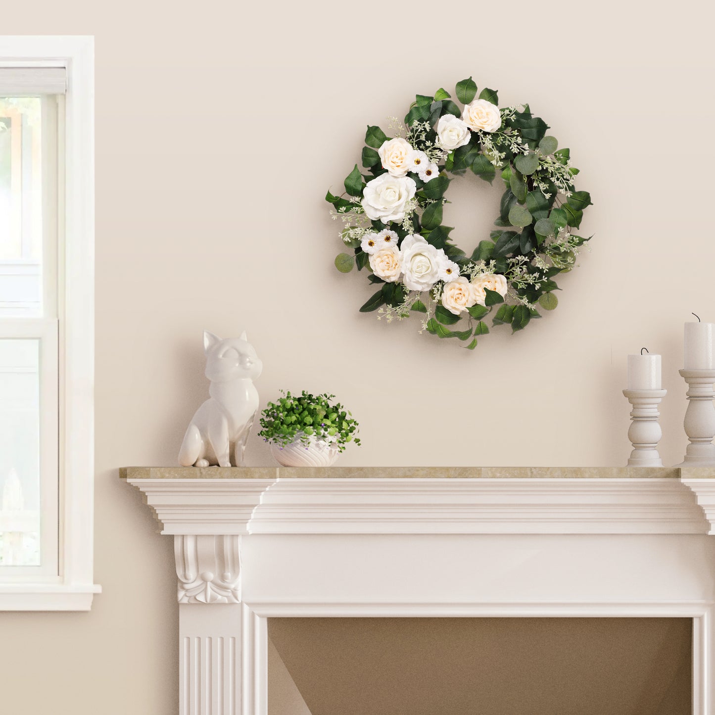 24" Artificial Rose,Camellia,babysbreath Floral Spring Wreath With Green Leaves