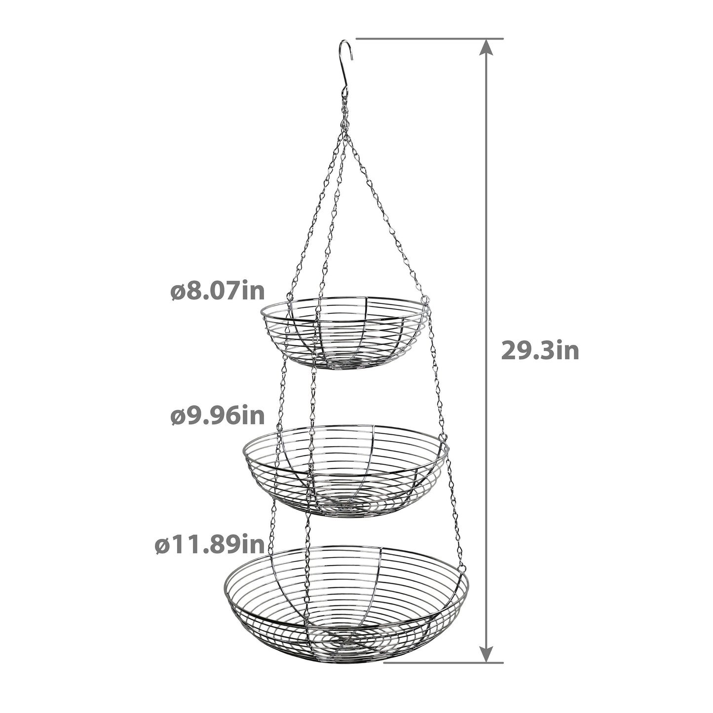 3 Tier Hanging Metal Basket in Silver/Chrome