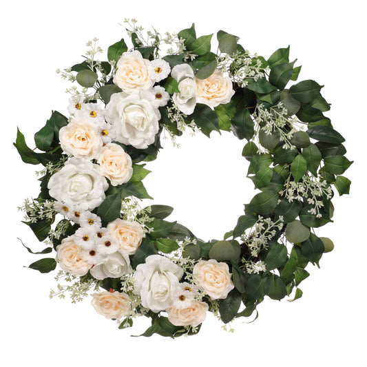 30" Artificial Rose,Camellia,babysbreath Floral Spring Wreath With Green Leaves