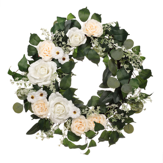 24" Artificial Rose,Camellia,babysbreath Floral Spring Wreath With Green Leaves