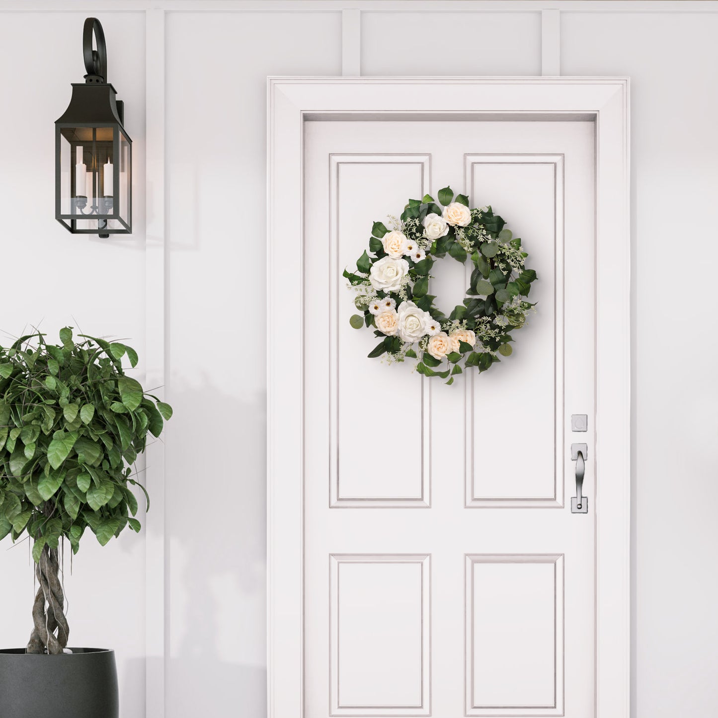 24" Artificial Rose,Camellia,babysbreath Floral Spring Wreath With Green Leaves