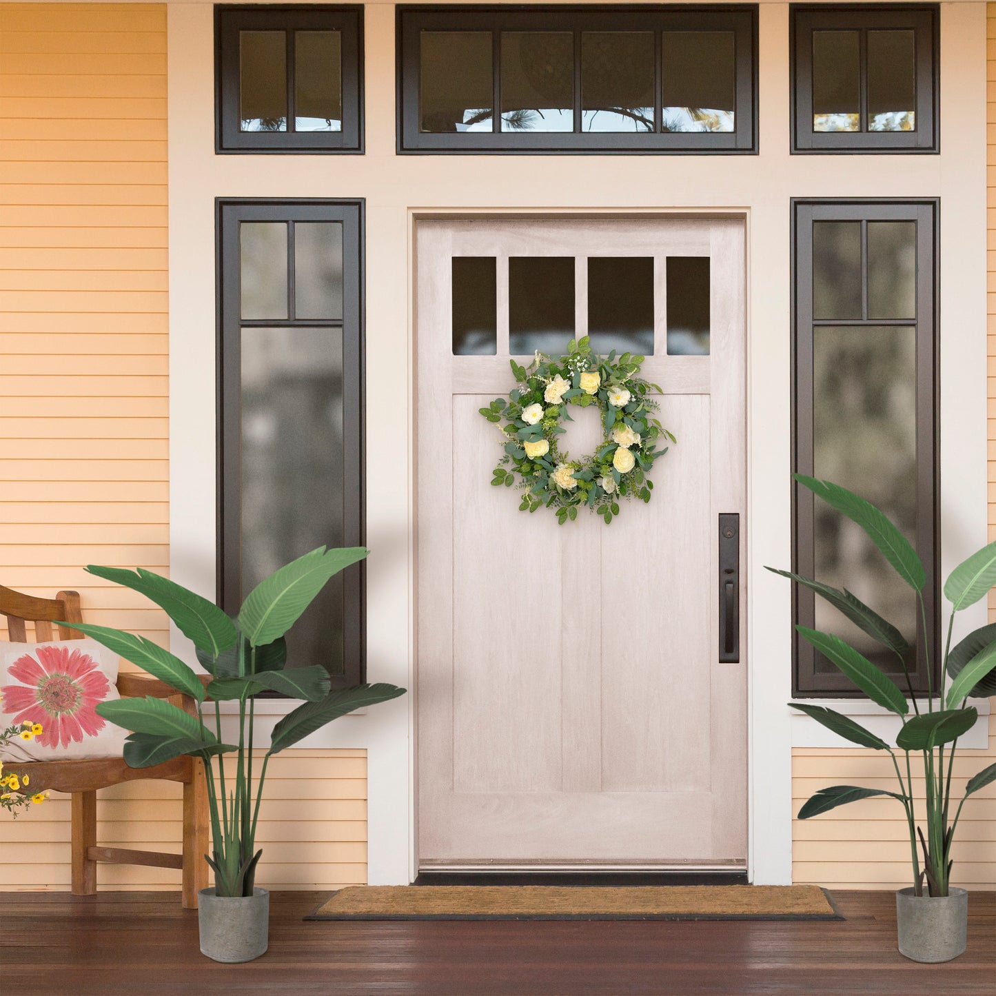 Puleo International 30" Artificial Eucalyptus Floral Spring Door Wreath, Green/Ivory