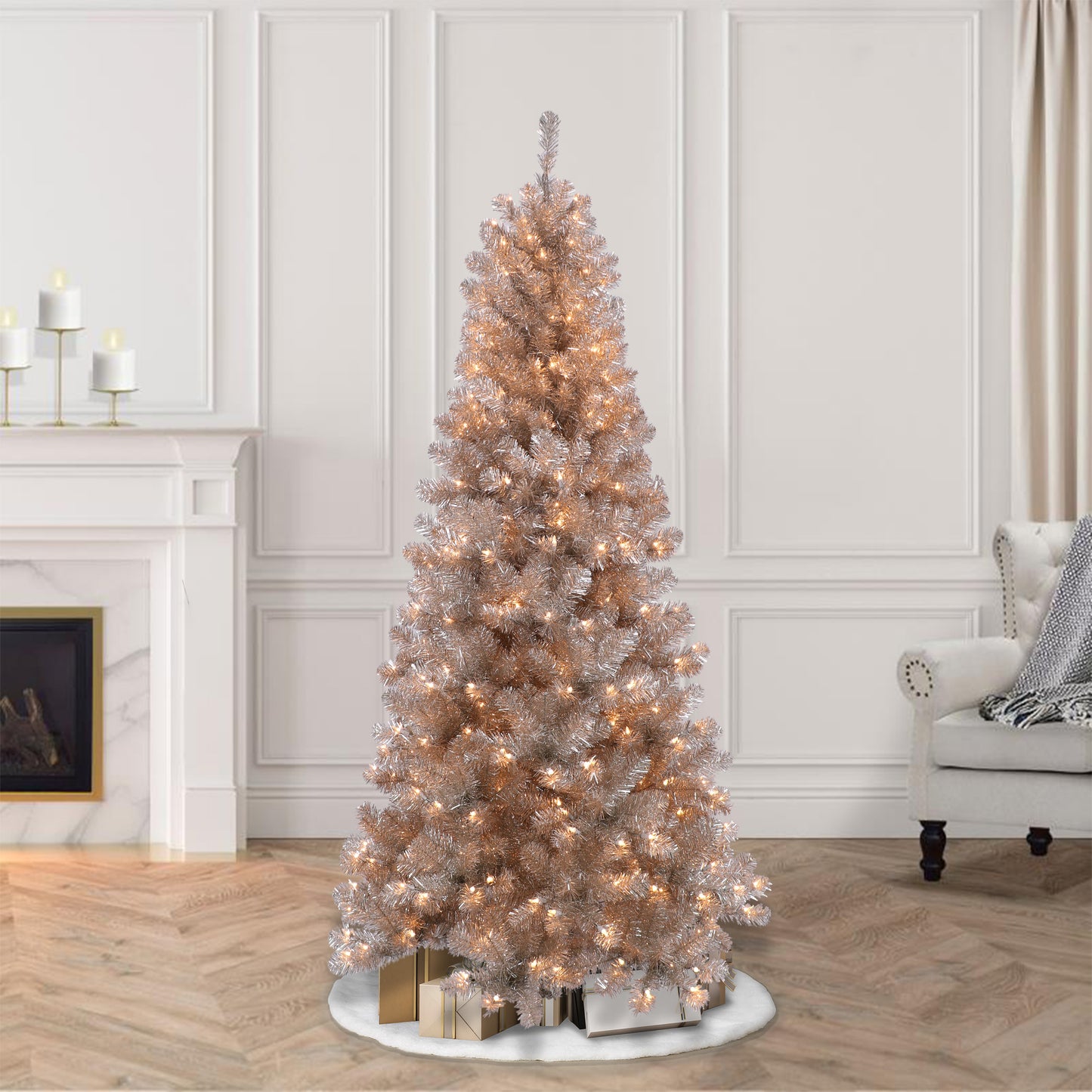 6.5 ft Pre-Lit Rose Gold Artificial Christmas Tree with 300 UL Clear Lights Metal Stand