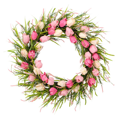 Puleo International 30" Artificial Tulip Floral Spring Door Wreath, Green/Pink