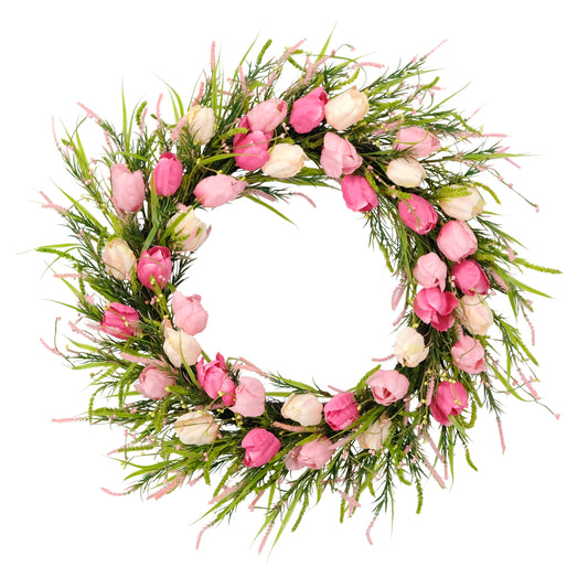 Puleo International 30" Artificial Tulip Floral Spring Door Wreath, Green/Pink