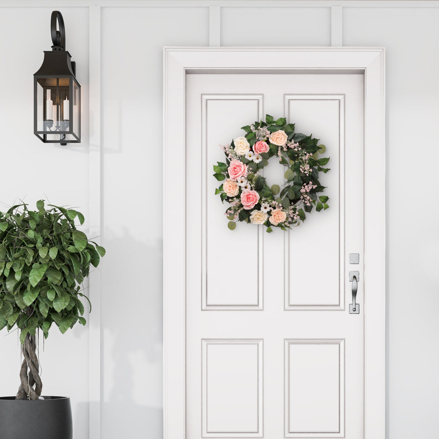 24" Artificial Rose,Camellia,babysbreath Floral Spring Wreath With Green Leaves