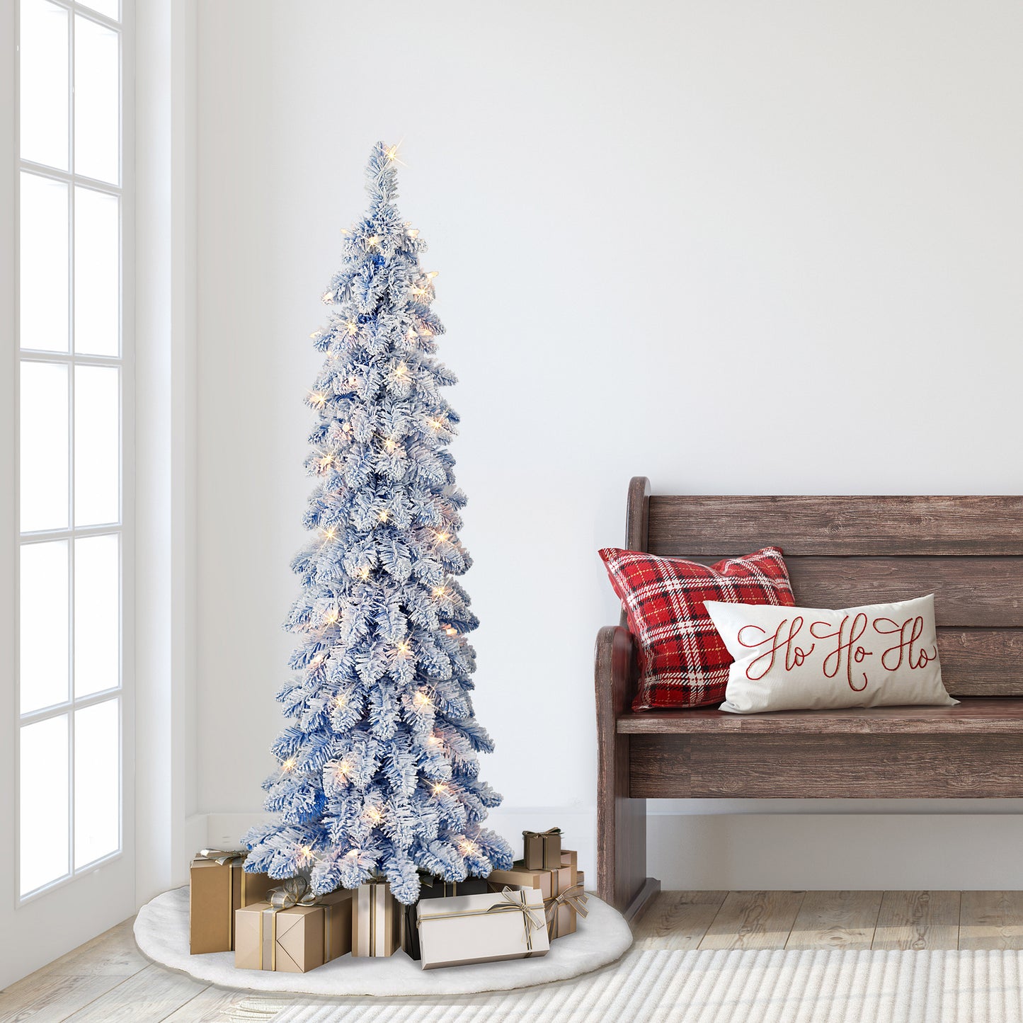 4 ft Pre-Lit Flocked Blue Artificial Alpine Pencil Tree