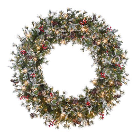 48 in Pre-Lit Glittery PE/PVC Wreath, 560 Tips, Pine Cones, Berries, 250 UL Clear Lights