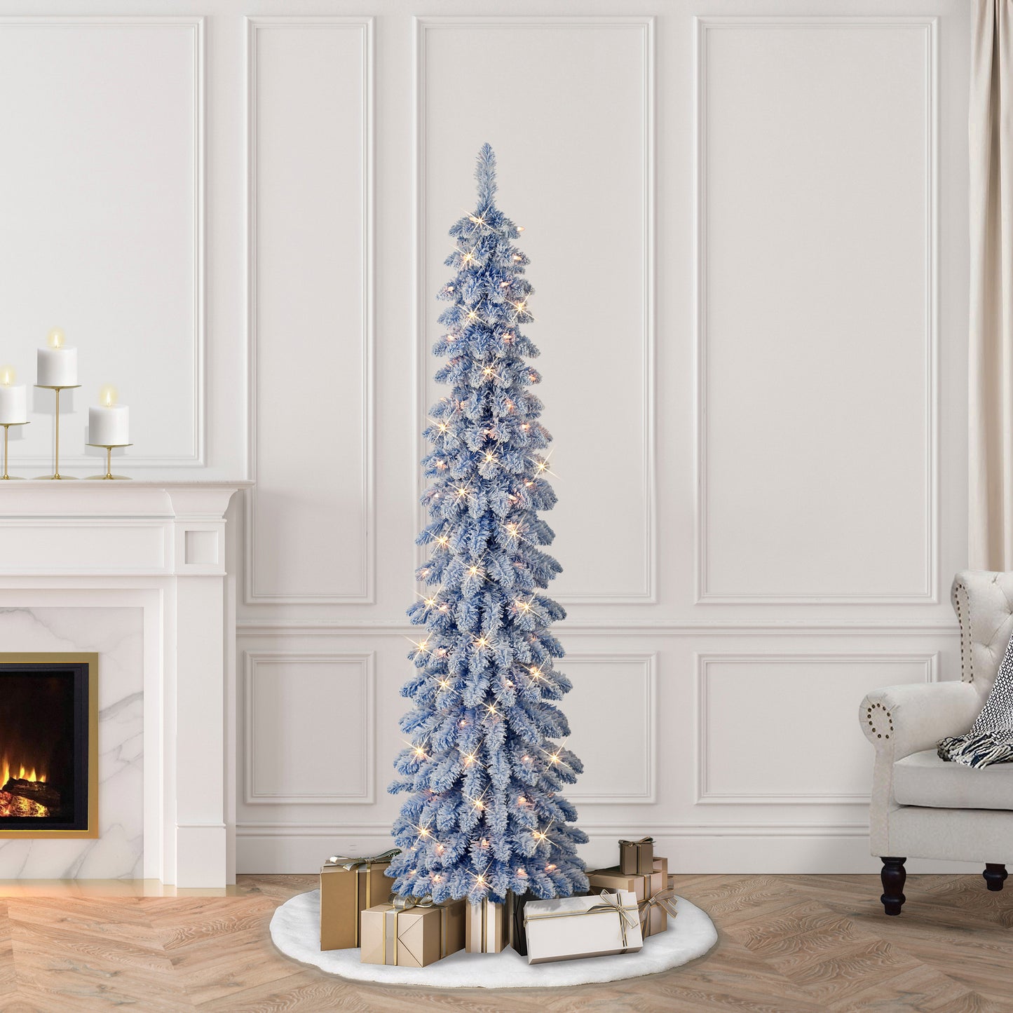 6 ft Pre-Lit Flocked Blue Artificial Alpine Pencil Tree