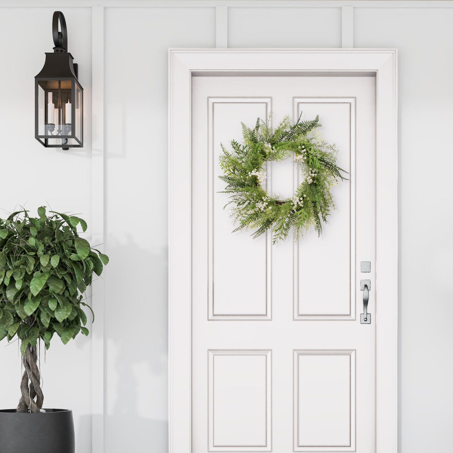 24" Artificial Babysbreath Floral Spring Wreath With Green Leaves