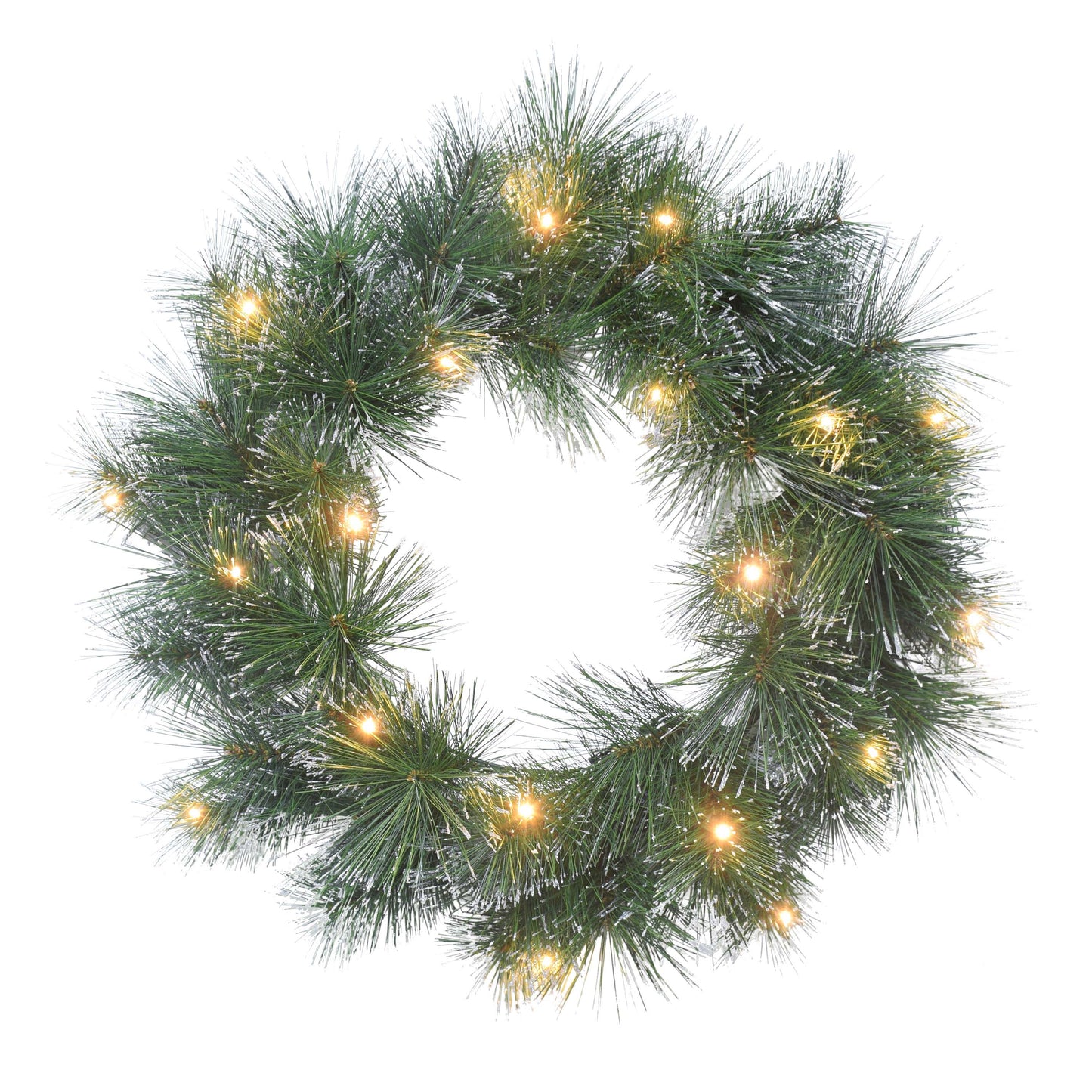 24 in Pre-lit Glittery Wreath, 50 Tips, 50 B/O Warm White LED Lights (3 x AA batteries not included), On/Off Timer Function