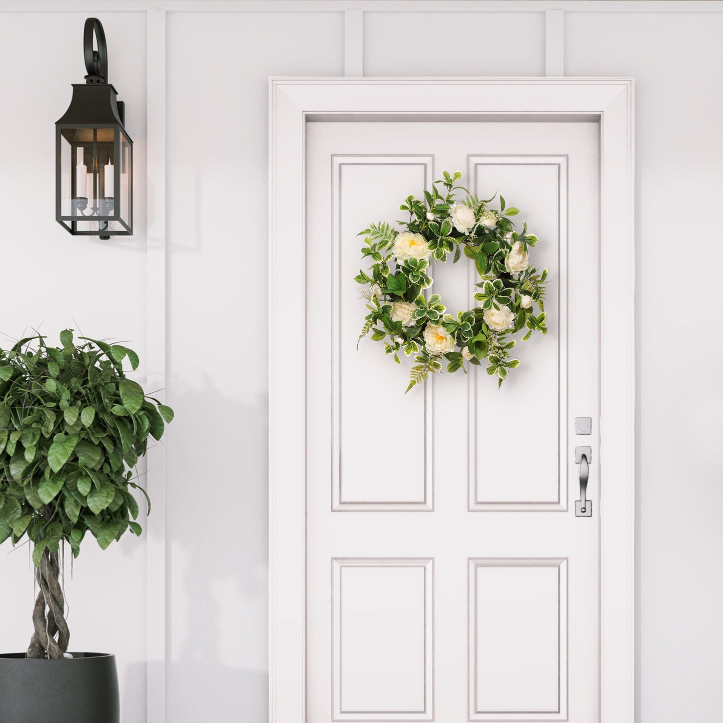 24" Artificial Camellia,Peony Floral Spring Wreath With Green Leaves