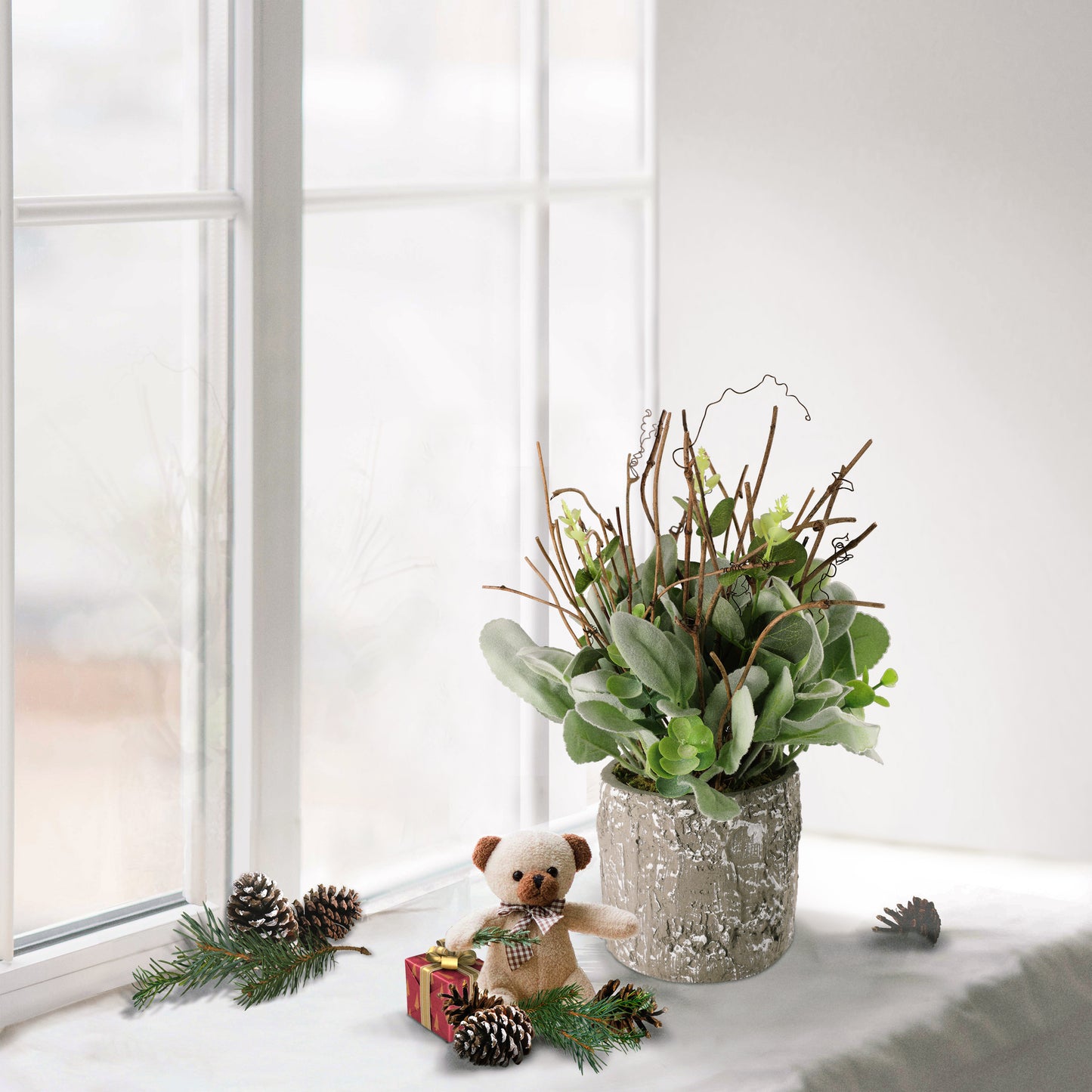 11" Lambs Ear Potted Plant With Twig & Greenery Leaves 